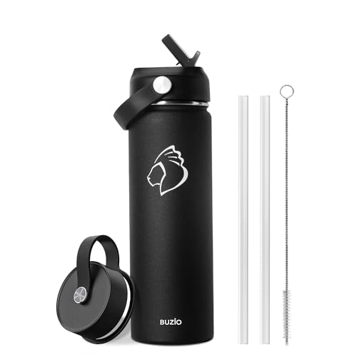 BUZIO Edelstahl Trinkflasche mit Strohhalm, Thermosflasche 680ml mit Strohhalmdeckel und Flexkappe kalt für 48 Stunden heiß für 24 Stunden weite Öffnung BPA-frei auslaufsicher, schwarz von BUZIO