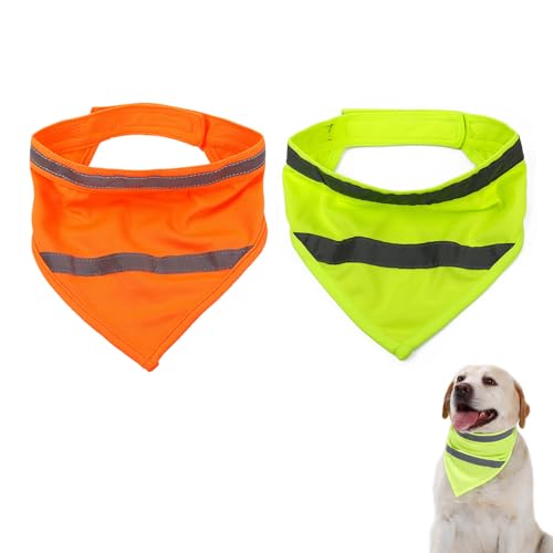2 Stück Hund Bandanas Reflektierende Sicherheit Hund Schal Dreieck Streifen Haustier Hundehalsband, Reflektierender Dreieckstuch, fluoreszierend gelb orange Schal, Sicherheit für Katzen und Hunde (L) von BWLEANSY