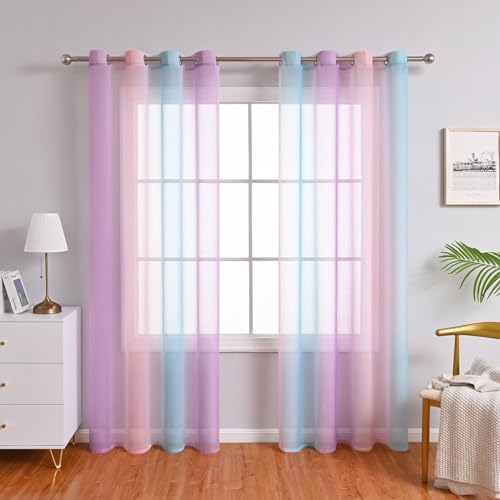 Farbverlauf Vorhänge Voile Vorhänge Tür Wohnzimmer Schlafzimmer Fenster Vorhänge 2er Set, 100 × 200 cm, Blau von BYSURE