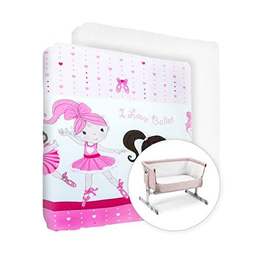 Spannbettlaken für Kinderzimmer, 100 % Baumwolle, passend für Next2Me Kinderbett, 83 x 50 cm, Rosa / Ballett / Weiß, 2 Stück von Baby Comfort