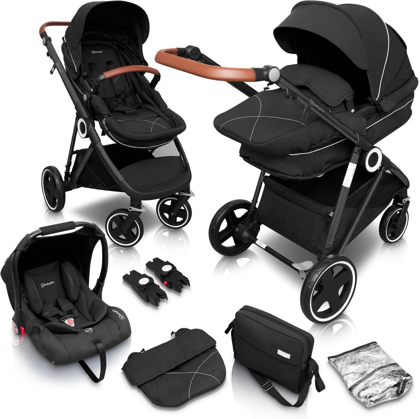 BabyGo Kombi-Kinderwagen Halime 3in1, Anthracite Black, inklusive Babywanne, Babyschale, Regenhaube & Wickeltasche von BabyGo