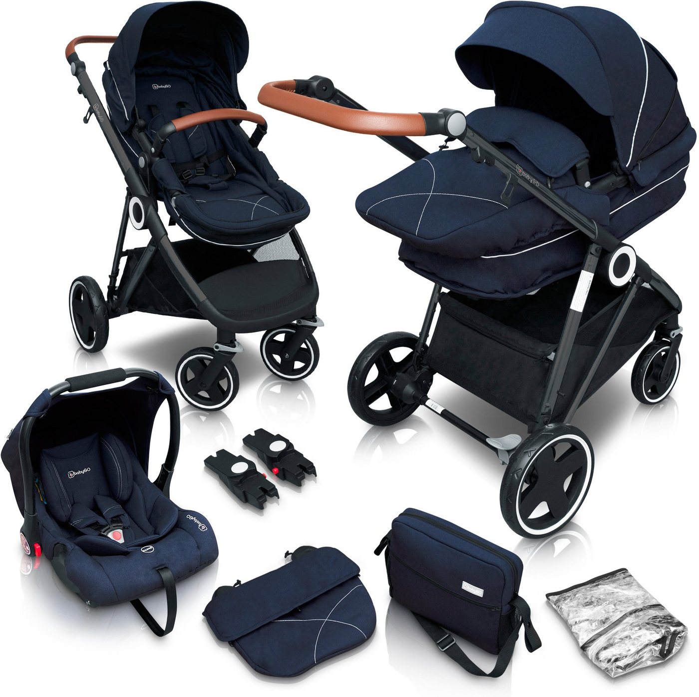 BabyGo Kombi-Kinderwagen Halime 3in1, Blue Black, inklusive Babywanne, Babyschale, Regenhaube & Wickeltasche von BabyGo
