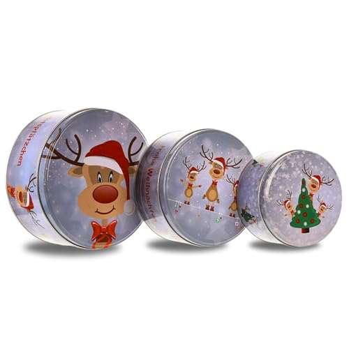 Bada Bing 3er Set Keksdose aus Metall mit Deckel - runde Plätzchendose Rudolph Rentier - Dekorative Kinder Weihnachtsplätzchen-Box für Kuchenaufbewahrung - Weihnachtsdose Vintage Design von Bada Bing