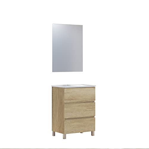 Baikal 280034605 Neo Badezimmermöbel-Set mit Keramik und Spiegel Glatter Mond, DREI Schubladen, auf Beinen, Finish in Natur, Maße 60 x 83 x 46 cm, Möbel montiert von Baikal