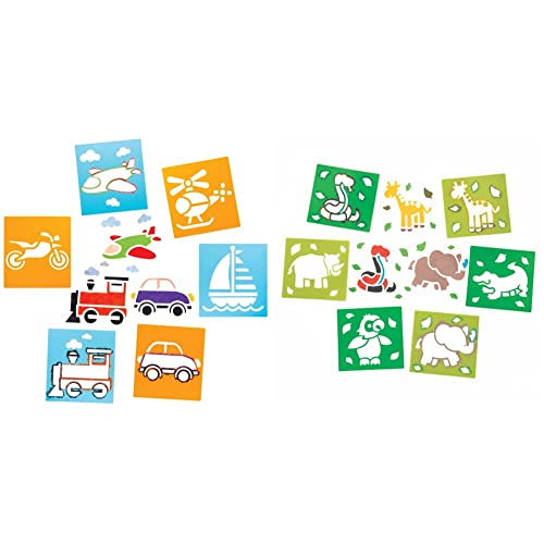Baker Ross AW715 Schablonen „Verkehrsmittel“ zum Malen (6 Stück) – Schablonenset aus abwaschbarem Kunststoff für Kinder & AR941 Schablonen „Dschungeltiere“ für Kinder (6 Stück) von Baker Ross