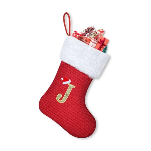 Baketron Personalisierte Weihnachtsstrümpfe mit Buchstaben 30cm Nikolausstrumpf Christmas Stockings Weißem Plüschbündchen Weihnachtsbaum Kamin hängende Ornamente für Weihnachtsbaum und Heim J von Baketron