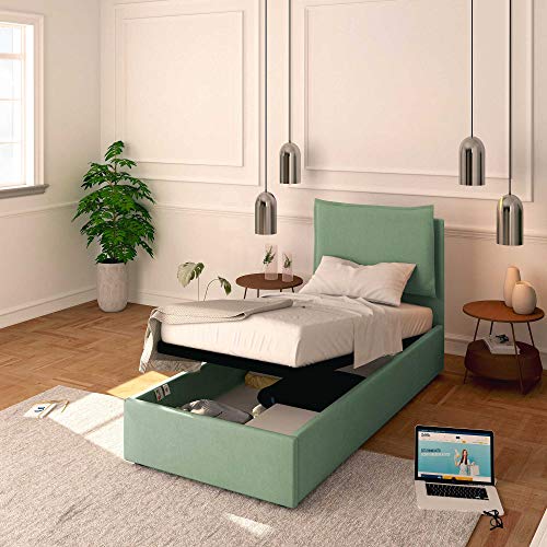 Baldiflex Einzelbett mit Stauraum, Modell Licia aus Stoff, Lattenrost, für Einzelbetten 80 x 200 cm, Kopfteil fein gepolstert, Farbe Mint von Baldiflex