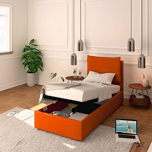 Baldiflex Einzelbett mit Stauraum, Modell Licia aus Stoff, Lattenrost, für Einzelbetten 90 x 200 cm, Kopfteil fein gepolstert, Farbe Orange von Baldiflex