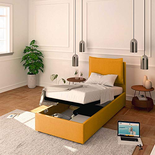 Baldiflex Einzelbett mit Stauraum, Modell Licia aus Stoff, Lattenrost, für Einzelbetten 90 x 200 cm, Kopfteil fein gepolstert, Mangofarbe von Baldiflex