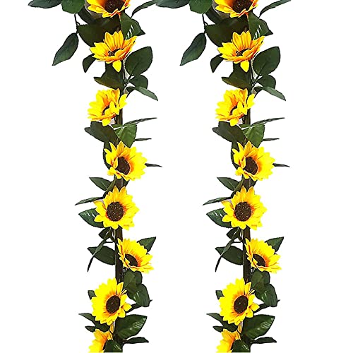 Künstliche Sonnenblumengirlande, Seide, Sonnenblumen, Ranken, gelbe Blumen, grüne Blätter, Stoff, Blumenkopf, künstliche Sonnenblumen für Hochzeit, Tisch, Babyparty, Party, Garten, Dekoration, 2 Stück von Bamboopack