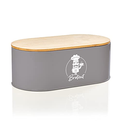 bambuswald© Brotbox aus Metall mit ökologischem Deckel aus Bambus - ca 33,5x18x13cm | Brotkasten für Croissants, Brot o. Brötchen | Brotbehälter mit Küchenbrett | Brot Aufbewahrungsbox von bambuswald