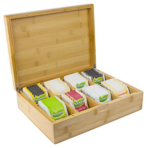 Tee Box aus Bambus mit 8 Staufächern für 160 Teebeutel [23x30x9cm] | Bio Bambus Tee-Box | Teebeutelbox | Tee Box mit Deckel aus Bambus Holz | Teebeutel Aufbewahrungsbox | Teebox Groß von Bamobo