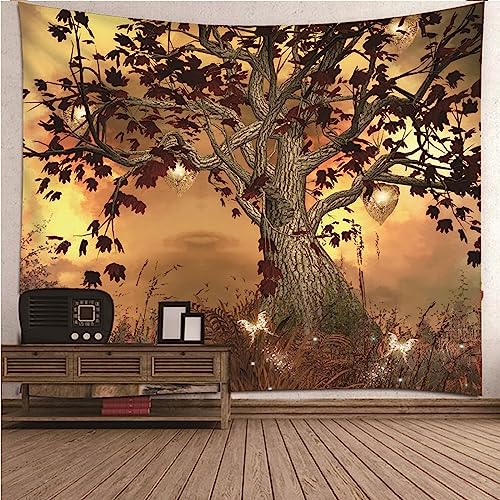 Wandteppich 240x220, Wandteppich Vintage Braungelb Polyester Baum des Lebens Schmetterling Wandteppich Outdoor Wanddeko von Banemi