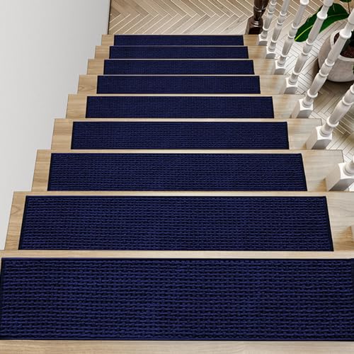 BangDon Chenille-Teppich, Stufenmatten mit Webmuster, wasserabsorbierend, nicht klebend, maschinenwaschbar, Stufenmatten für den Innenbereich (Blau, 5 Stück) von BangDon