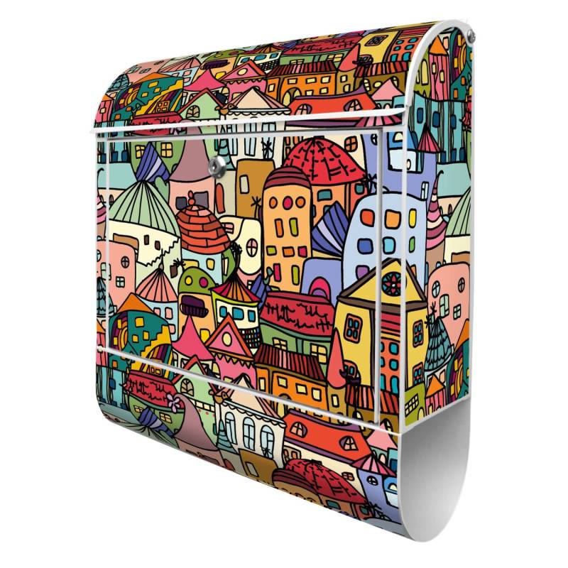 Banjado Design Briefkasten Weiß Pulverbeschichtet, 39x47x14cm, 2 Schlüssel, Mit Zeitungsfach Motiv Funky Town von Banjado