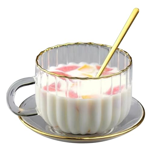 Banziaju Teetasse mit Untertasse, 400ml Stilvolle Puddingtasse Klare Kaffeetasse Glas Teetasse Kaffeebecher Haferbecher mit Löffel Latte Cappuccino Tee Sets für Frühstück Haus Küche von Banziaju