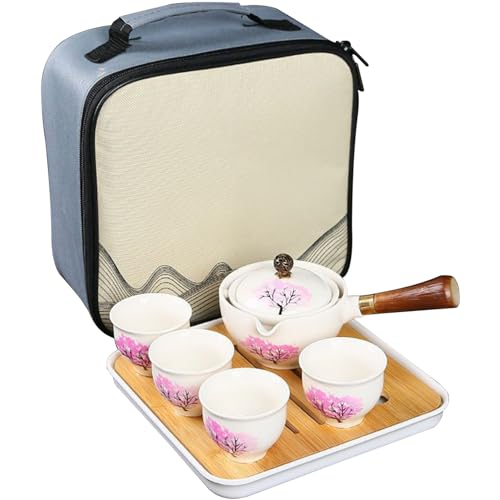 Teekannen-Set mit Reisetasche, tragbares Porzellan-Teekocher-Set mit 4 Tassen Kirschblüte Zisha Kung Fu Teeservice Chinesisches Kungfu-Tee-Set für Zuhause, zum Verschenken, fürs Büro von Banziaju