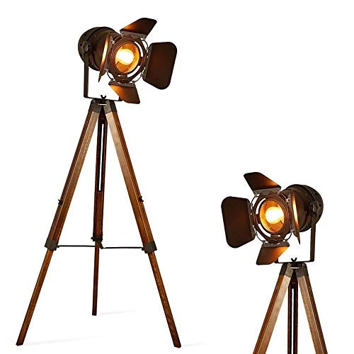 Barcelona LED Vintage Stehleuchte Tripod Stehlampe Deckenfluter im Cinema Stil, mit Dreifuß aus Holz Stativ Holz, Studiolampe, Studioleuchte, Wohnzimmerlampe, Wohnzimmerleuchte, LV 234 von B·LED BARCELONA LED