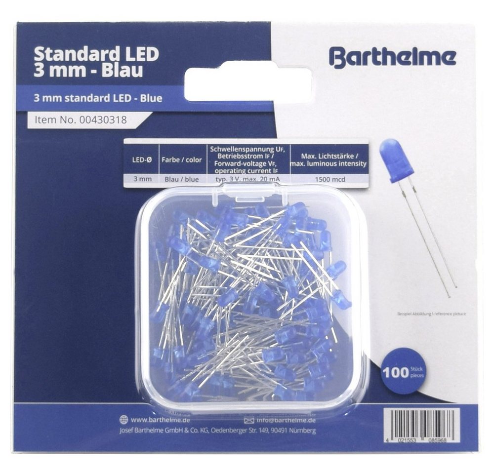 Barthelme LED Solutions LED-Leuchtmittel Barthelme LED-Sortiment Blau Rund 3 mm 1500 mcd 30 ° 20 mA 3 V von Barthelme LED Solutions