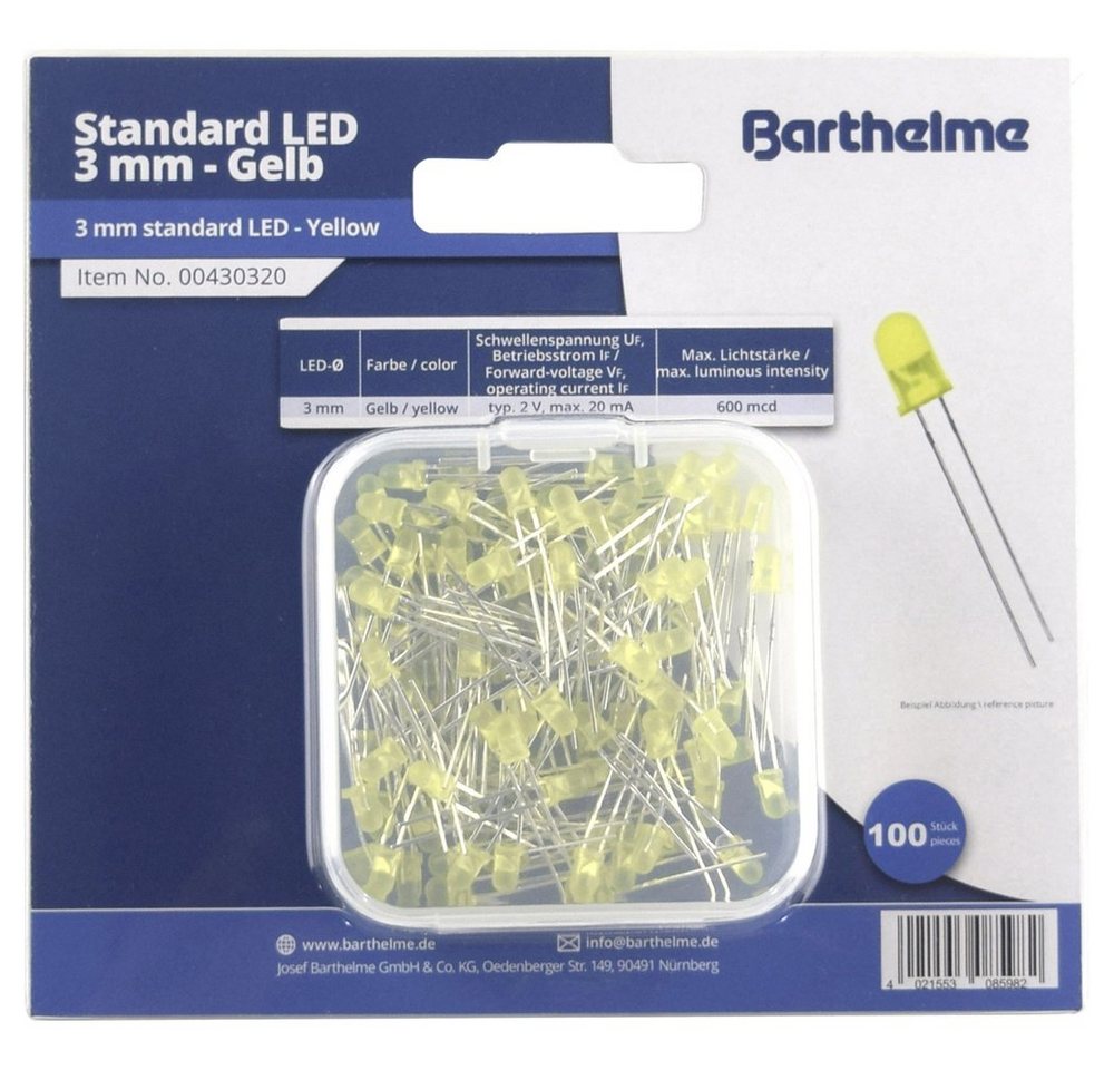 Barthelme LED Solutions LED-Leuchtmittel Barthelme LED-Sortiment Gelb Rund 3 mm 600 mcd 30 ° 20 mA 2 V von Barthelme LED Solutions