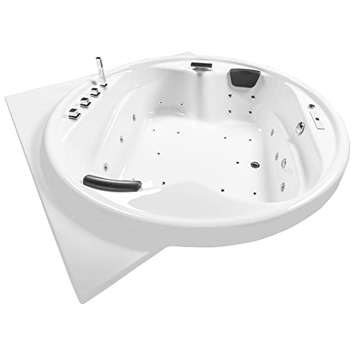 Basera® Classic Indoor Podest-Whirlpool Badewanne XXL Gomera, 28 Massagedüsen, Wasserfall, LED-Ambiente, Touchpanel, Bluetooth und Radio (Gomera mit Ecke) von Basera