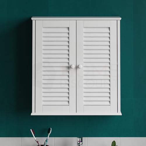 Bath Vida Badezimmerschrank mit 2 Türen, Lamellen-Design, Wandmontage, mit Aufbewahrungsfach, weiß von Bath Vida