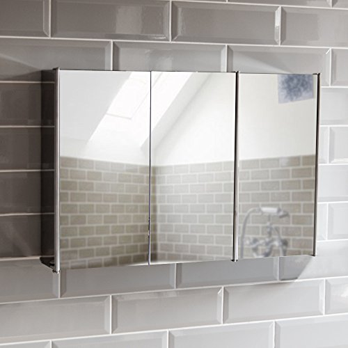 Bath Vida Badspiegelschrank mit 3 Türen aus Rostfreien Stahl, Aufbewahrung, Silber, mit magnetischem Schließmechanismus von Bath Vida
