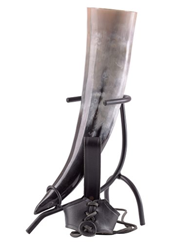 Battle-Merchant Trinkhorn Set 3-teilig mit Trinkhornhalter aus Leder und Trinkhornständer aus handgeschmiedetem Stahl | Mittelalter Wikinger (900ml) von Battle-Merchant