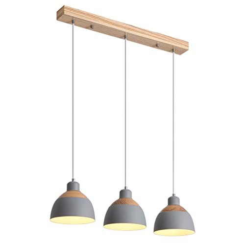 Beasiu-Eletro Pendelleuchte Vintage Holz Metall Grau Esstisch-Lampe Industrie E27 Fassung 3-flammig Hängeleuchte Höhenverstellbar Pendellampefür Esszimmer Küche Cafe Theke Innen Decken-Beleuchtung von Beasiu-Eletro