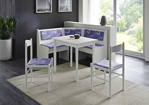 Eckbankgruppe 'Karlchen II' Essgruppe 125 x 125 x 82 Vierfußtisch 2 Stühle modern Eckbank Küchentisch 4-teilig Landhaus Küche Polsterung blau weiß gemustert weiß von Beauty.Scouts