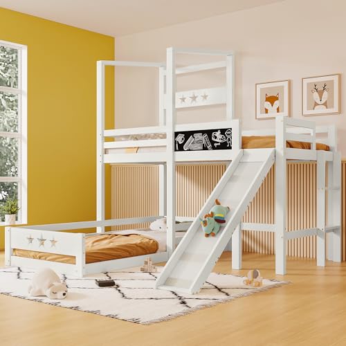 Becag Kinderbett 90x200 cm Etagenbett für 2 Kinder, Hochbett mit Tafel, Hausbett Holzbett mit Leiter und Rutsche, Bett mit Rausfallschutz und Lattenrost, 2 Einzelbett, Ohne Matratze, Weiß von Becag