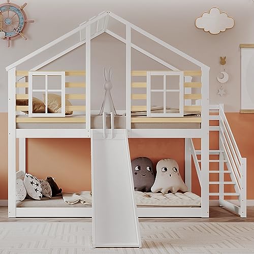 Becag Kinderbett Etagenbett 90x200, Hausbett Hochbett mit Treppe und Rutsche, Baumhaus Holzbett Bettgestell mit Rausfallschutz und Gitter, 1x Lattenrost, Bettrahmen aus Massivholz, Ohne Matratze, Weiß von Becag