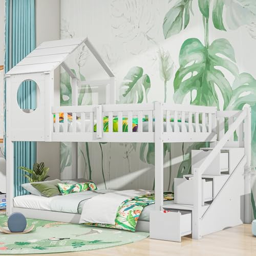 Becag Kinderbett Etagenbett 90x200 cm, Baumhaus Hochbett Hausbett mit Leiterschrank, Holzbett in Hausform, Bettgestell mit Rausfallschutz und Lattenrost, Treppe und Schubladen, ohne Matratze, Weiß von Becag