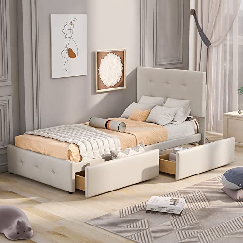 Becag Polsterbett 90x200 cm Einzelbett, Bett mit 2 Schubladen Stauraum, Kinderbett Jugendbett mit Lattenrost, Stauraumbett Rückenlehne Bett Gästebett Bettrahmen, Ohne Matratze, Samtstoff (Beige) von Becag