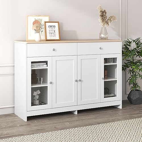 Becag Sideboard Kommode Weiß, Küchenschrank mit 4 Türen und 2 Schubladen, 2 Tür mit Glas, Buffetschrank Cabinet Sideboard Wohnzimmer Küche mit Holzfarbe Arbeitsplatte, 120Lx37Bx80H, Holzfarbe und Weiß von Becag