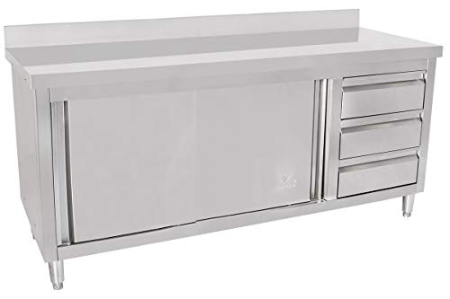 Beeketal 'BAS180-70R' Gastro Edelstahl Küchenschrank mit 3 Schubladen (rechts), 2 Rolltüren und 4 verstellbaren Standfüßen, Küchen Arbeitsplatte mit 10 cm Aufkantung - (L/B/H) ca. 1800 x 700 x 950 mm von Beeketal