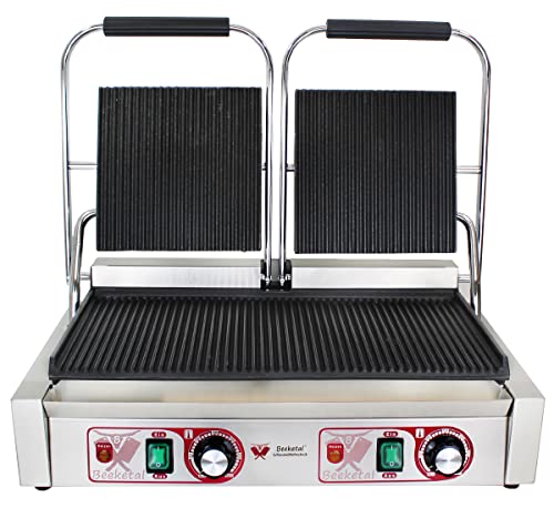 Beeketal 'BKG7' Gastro Doppelt Kontaktgrill mit Gusseisen Grillpatten (oben und unten gerillt) mit Fettauffangschale, Profi Edelstahl Elektrogrill ideal als Panini Grill Maker oder Sandwich Toaster von Beeketal