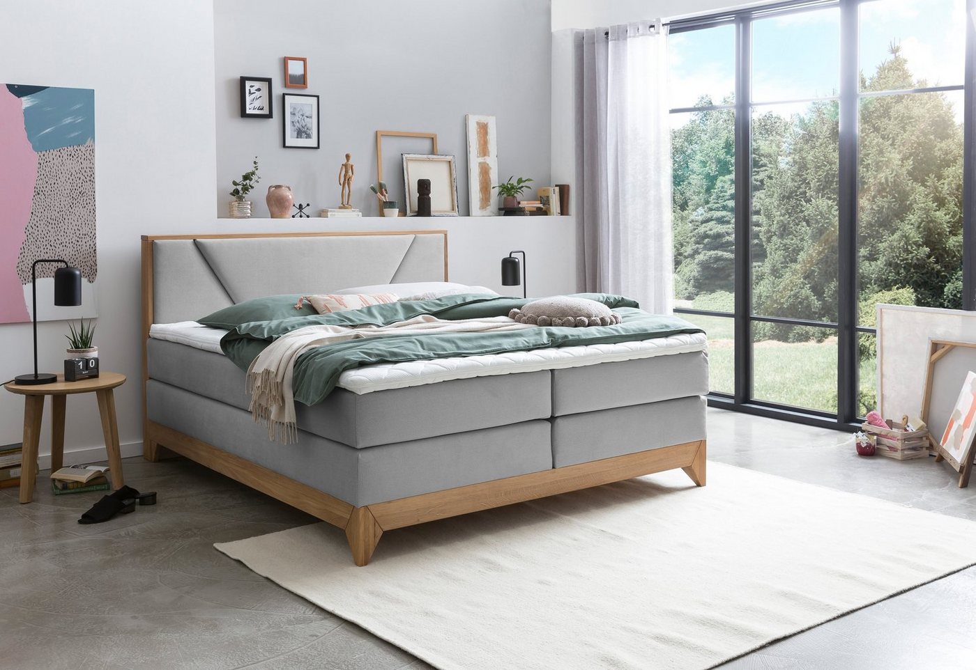 Belanoti Boxspringbett Riviera (Boxspringbett 180x200 Eiche 7-Zonen Taschenfederkern Matratze inkl, Visco Topper Bett 180x200 in der Farbe Hellgrau H2/H3 Polsterbett), Hotelbett mit Massivholz Eiche Massivholzbett von Belanoti