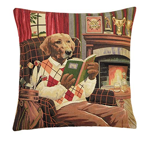 Belgian Tapestrie edle Kissenhülle, Golfer Dog Reading, Zierkissenhülle 45 X 45 cm, Gobelin Cushion von BelgianTapestries