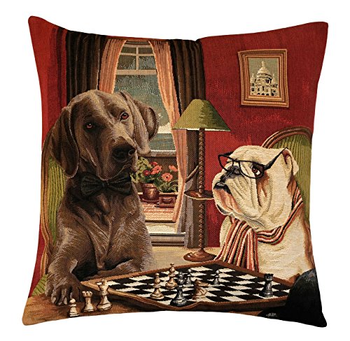 BelgianTapestries edle Kissenhülle, Zierkissenhülle 45 X 45 cm Dogs Playing Chess, Gobelin Cushion von BelgianTapestries