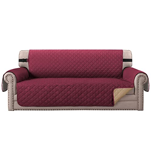 BellaHills Sofabezüge Sofa Schonbezug Reversible Faux Cotton Furniture Sofa Protector mit Riemen, Schutz vor Haustieren, Flecken, Verschleiß und Abrieb (Sofa/Dreisitzer: Burgund/Tan) von BellaHills