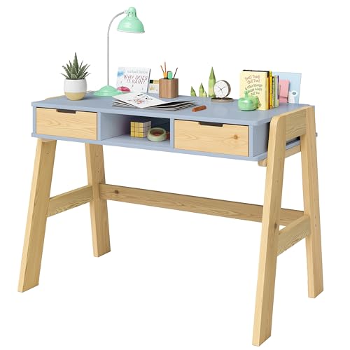 Bellabino Campo Kinderschreibtisch höhenverstellbar aus Holz in Blau/Natur mit 2 Schubladen 1 Ablagefach und 3 Aufbewahrungsfächern, Schreibtisch für Kinder, 75 x 59 x 93 cm von Bellabino