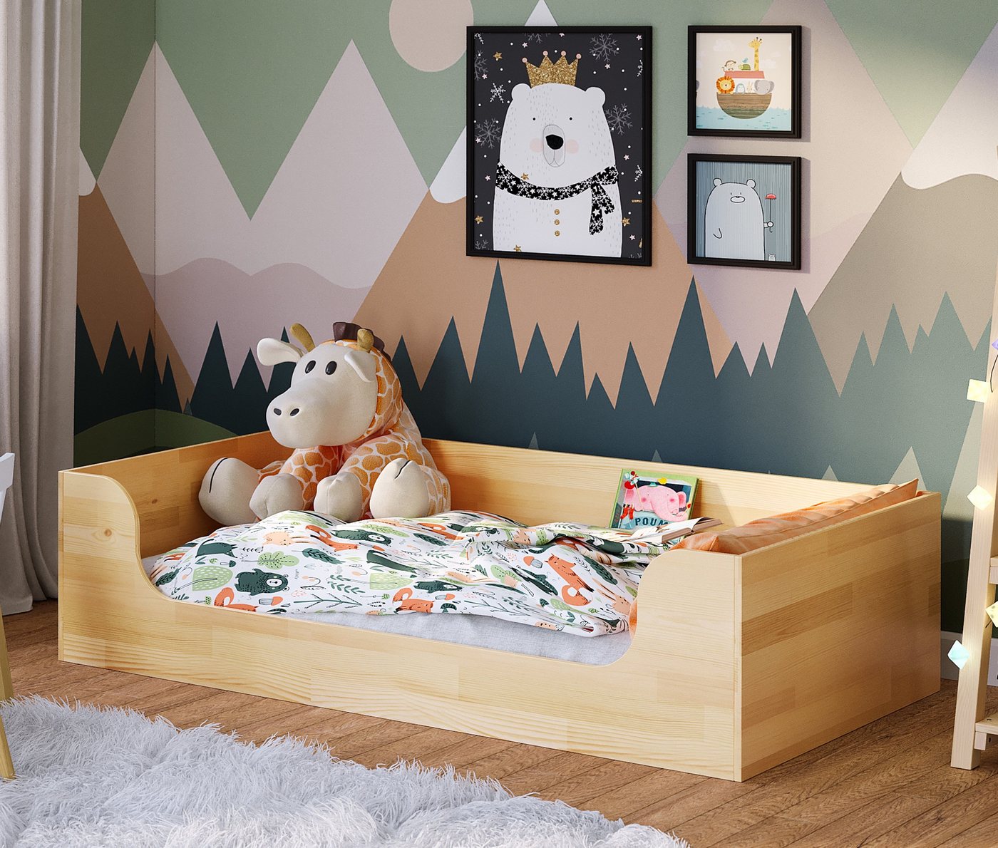 Bellabino Kinderbett Amu (Bodenbett inkl. Rolllattenrost, 80x160 cm), aus Kiefer Massivholz, natur lackiert von Bellabino