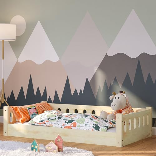Bellabino Bodenbett Miera 80x160 cm, Montessori Kinderbett Natur lackiert, Bett für Kinder inkl. Rausfallschutz und Rolllattenrost mit offener Seite aus Birke Sperrholz von Bellabino