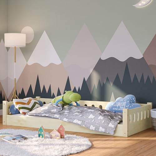 Bellabino Bodenbett Miera 90x200 cm, Montessori Kinderbett Natur lackiert, Bett für Kinder inkl. Rausfallschutz und Rolllattenrost mit offener Seite aus Birke Sperrholz von Bellabino