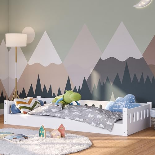 Bellabino Bodenbett Miera 90x200 cm, Montessori Kinderbett weiß, Bett für Kinder inkl. Rausfallschutz und Rolllattenrost mit offener Seite aus MDF von Bellabino