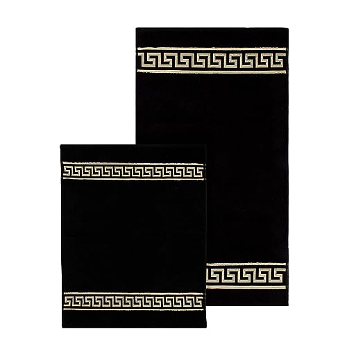 Badvorleger Badematte Duschvorleger aus Baumwolle in Beige Schwarz Weiß Gold mit Mäander Muster (schwarz, 2er Set - 50x90 + 50x60) von Belle Arti