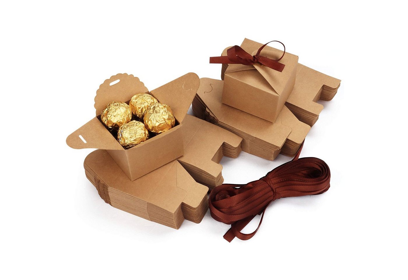Belle Vous Geschenkbox Braune Geschenkboxen mit Schleife (60 Stück) - Kleine Kraftpapierboxen, Brown Gift Boxes with Ribbon (60 pcs) - Small Kraft Paper Boxes von Belle Vous