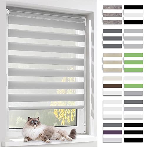 BelleMax Doppelrollo Klemmfix ohne Bohren & mit Bohren (80x120cm Grau) Duo Rollo, Sonnenschutz lichtdurchlässig Blickdicht, Klemmrollo Fensterrollo, Rollos für Fenster und Tür von BelleMax