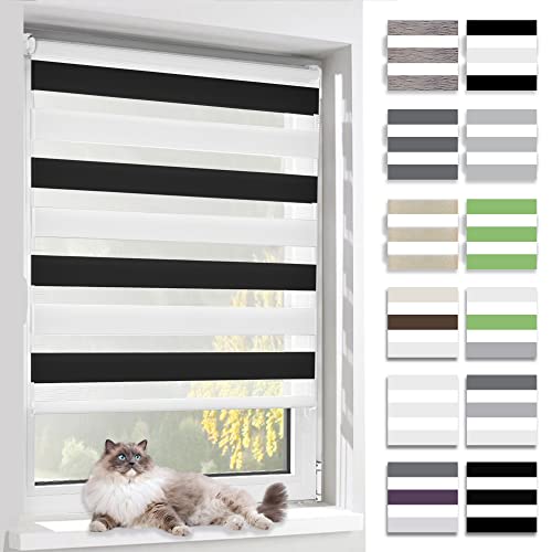 BelleMax Doppelrollo Klemmfix ohne Bohren & mit Bohren (45x120cm Weiß Schwarz) Duo Rollo, Sonnenschutz lichtdurchlässig Blickdicht, Klemmrollo Fensterrollo, Rollos für Fenster und Tür von BelleMax